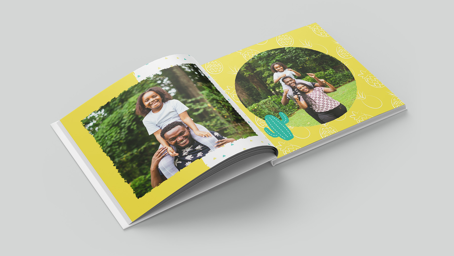 Open pages of a summer themed photobook